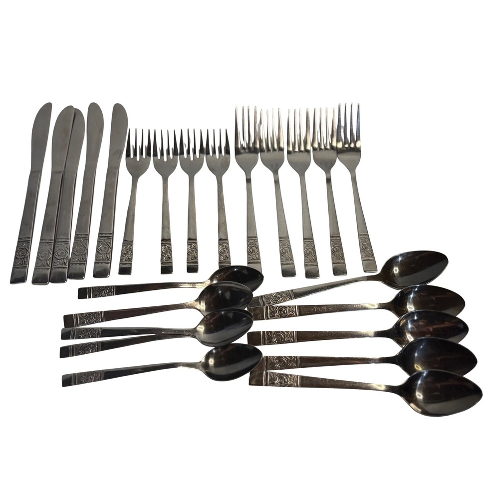VTG National Stainless Flatware Silver Rose Pattern 24pc Set Knives Forks Spoons